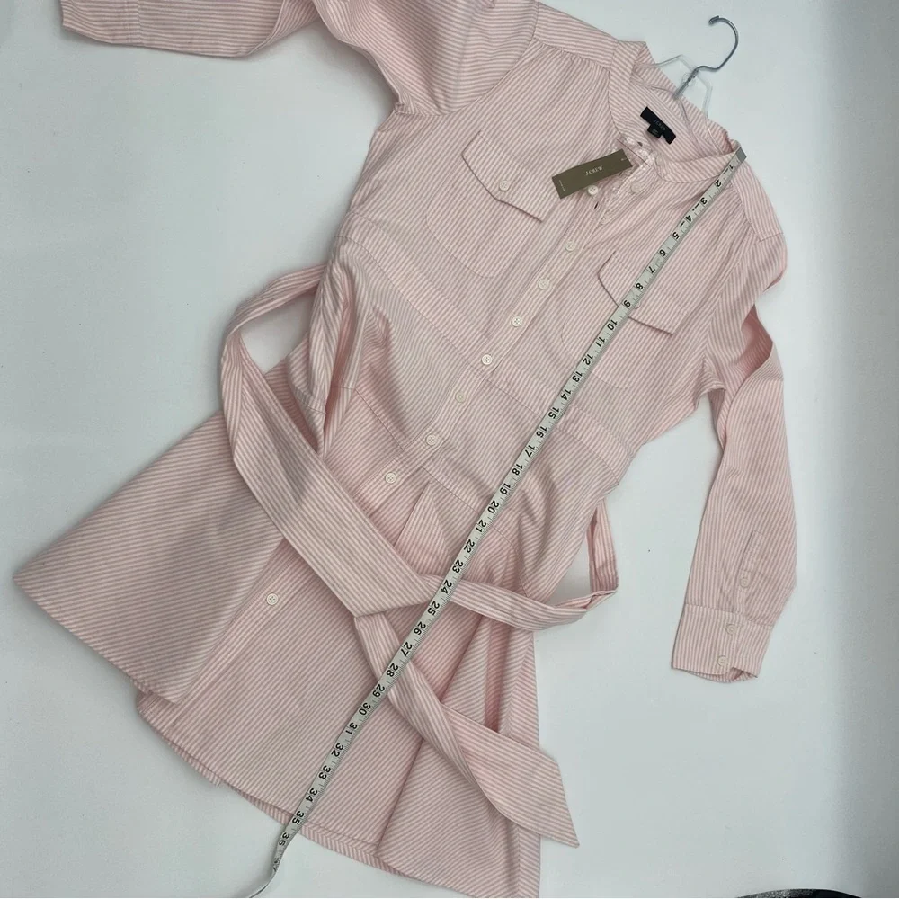 J.Crew Pink White Pin Stripe Long sleeve Shirt Dress bow tie belt size 6p - Picture 7 of 13